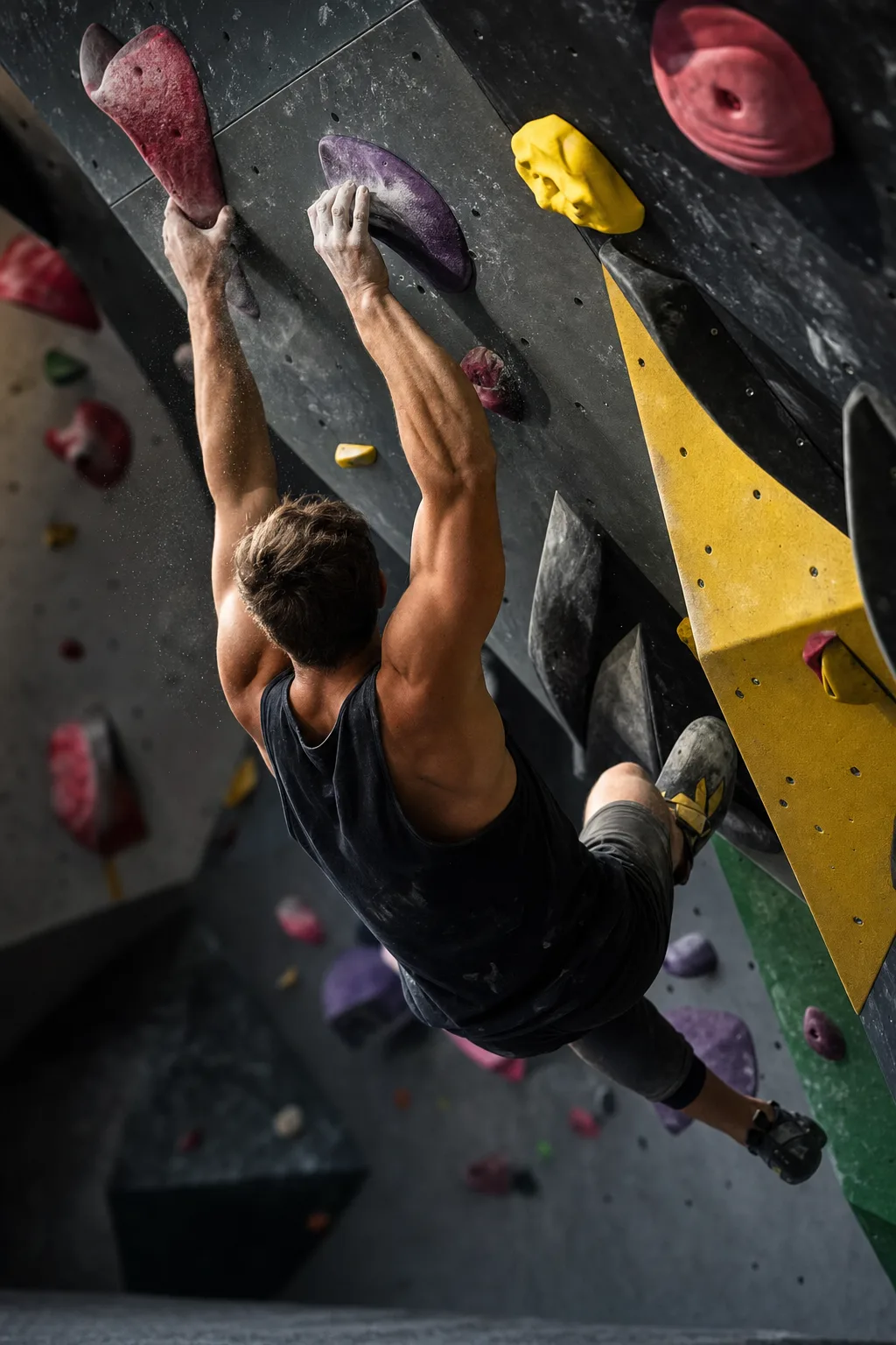 Boulderer von hinten im Überhang, Chalkstaub in der Luft