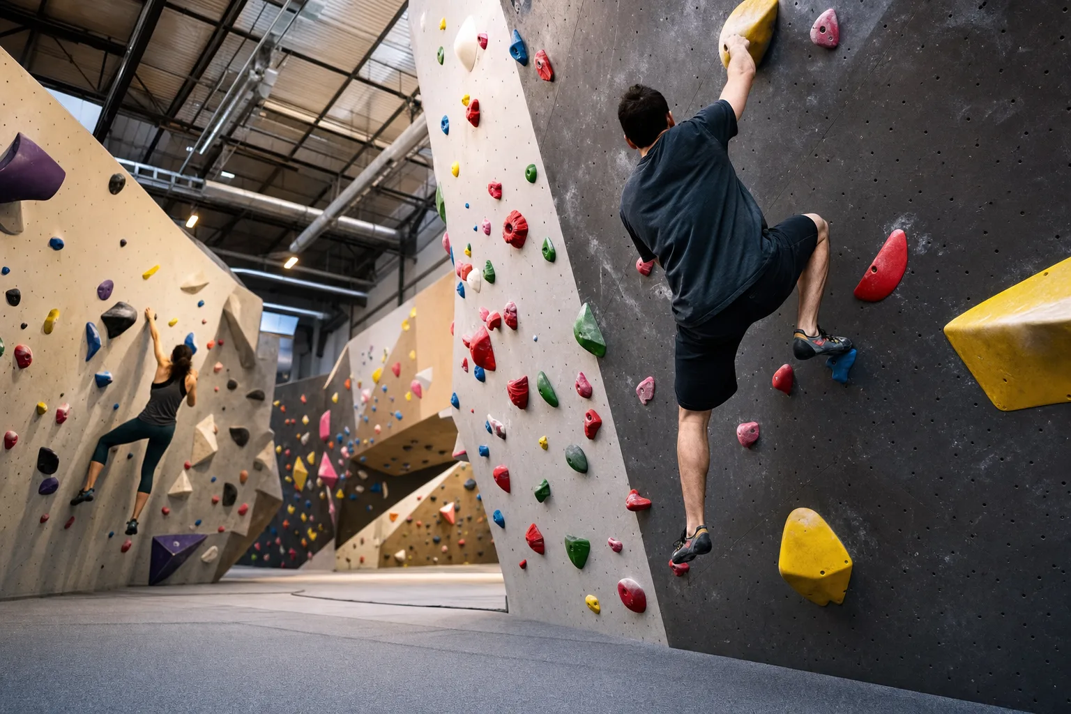 Leere Boulderhalle mit Matten und Wänden